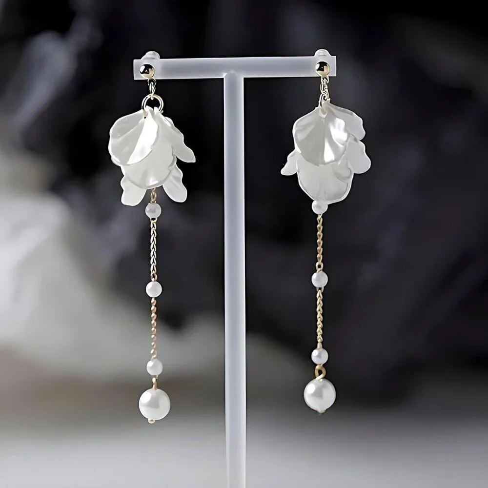 Pearl Flower Dangle Earrings Faux Pearls Beach Wedding Drop Jewelry